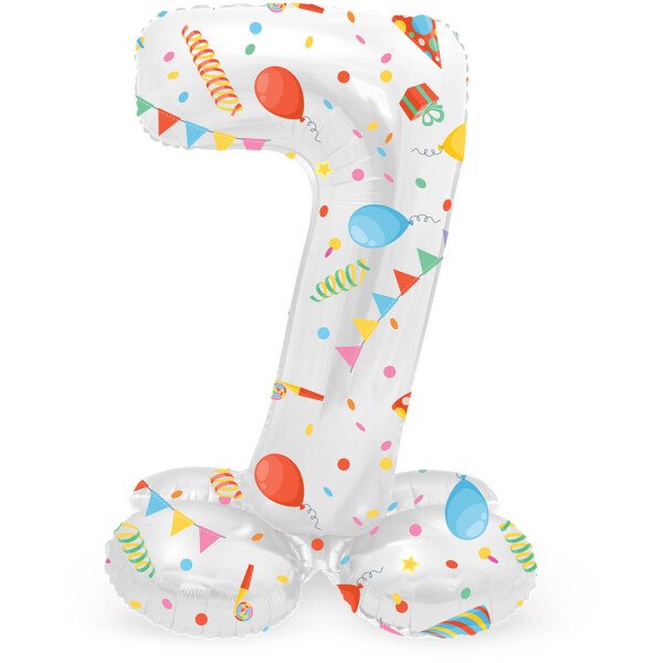 Stand Up Folienballon Zahl 7 - Weiß Bunt -. 72 cm