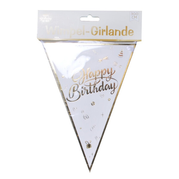 Wimpelgirlande Happy Birthday - Weiß Gold - 3 Meter