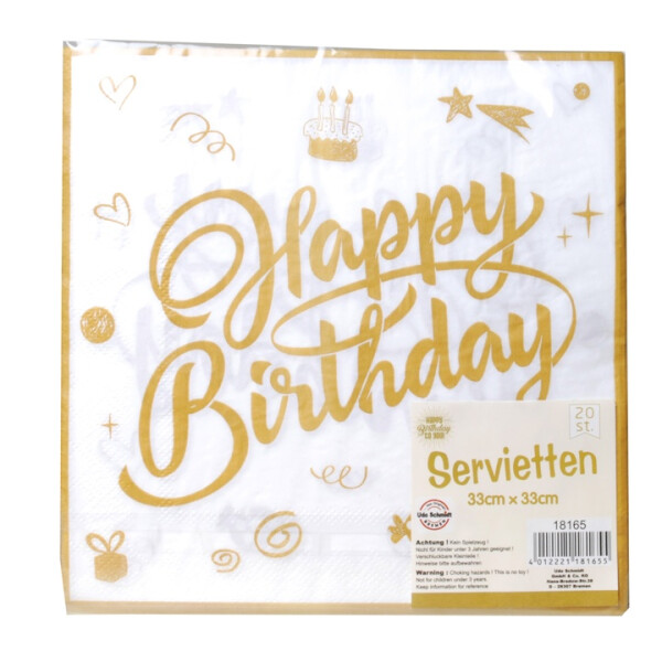 Servietten Happy Birthday - Weiß Gold - Motive - 33 x 33 cm - 20 St.