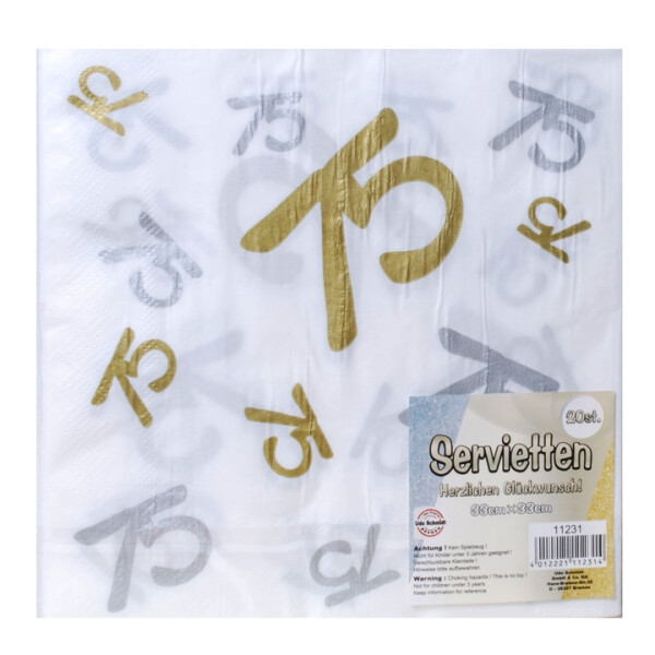 Servietten 75 - weiß silber gold -  33  x 33 cm - 20 St.