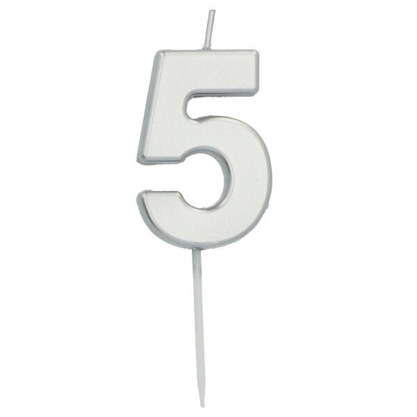 Zahlenkerze 5 - Silber - 8,5 cm