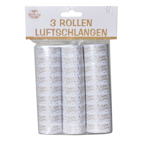 Luftschlangen Happy Birthday - weiß gold - 3 Rollen