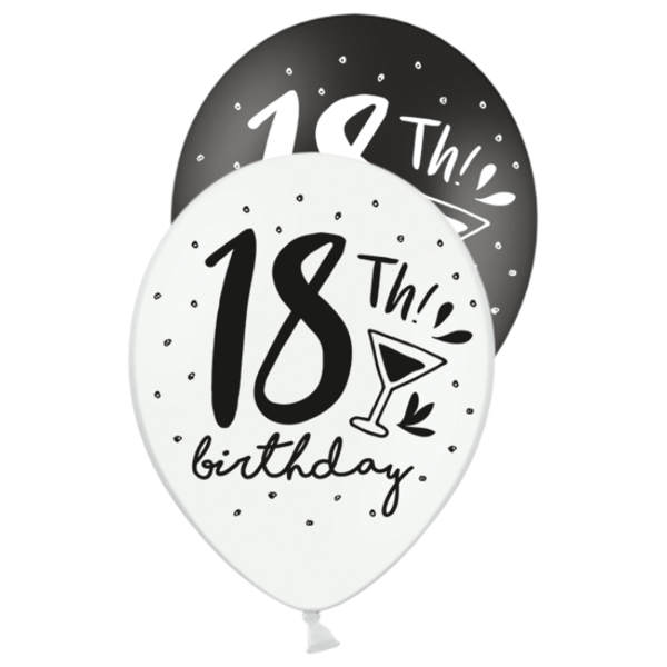 6 Ballons 18th Birthday - Schwarz Weiß - 30 cm