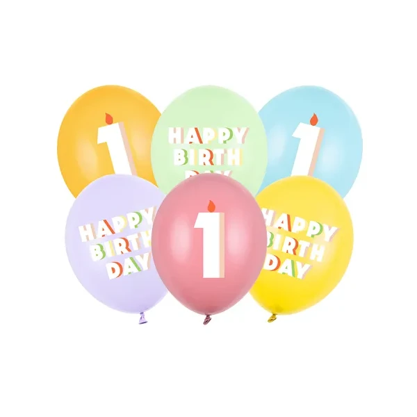 6 Ballons 1 Happy Birthday - Retro Bunt - 30 cm