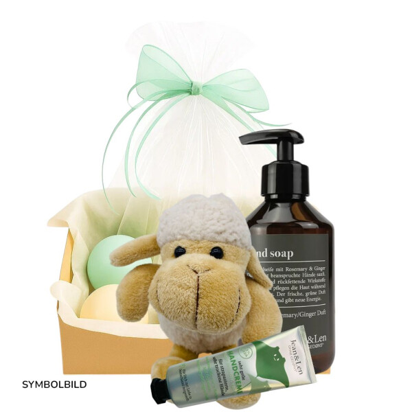 Geschenkgruß: Schäfchen & sehr geile Handcreme & Seifenspender - Rosemary & Ginger Duft