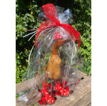 Geschenkgruß: Holzente mit Hut und Gummistiefeln - Blau - 25 cm