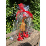 Geschenkgruß: Holzente mit Hut und Gummistiefeln - Rosa - 25 cm