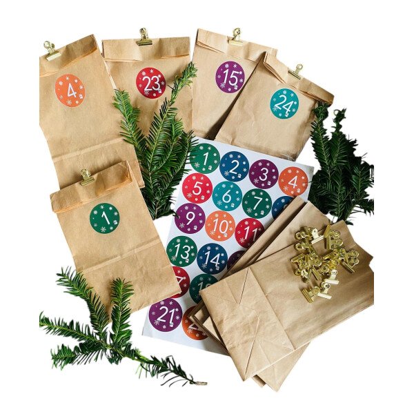 DIY Adventskalender - 24 Tüten, Aufkleber, Klammern - Set 5
