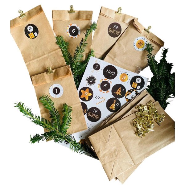 DIY Adventskalender - 24 Tüten, Aufkleber, Klammern - Set 4