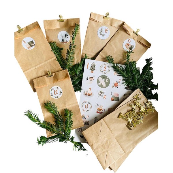 DIY Adventskalender - 24 Tüten, Aufkleber, Klammern - Set 3