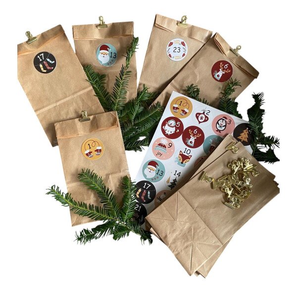 DIY Adventskalender - 24 Tüten, Aufkleber, Klammern - Set 2