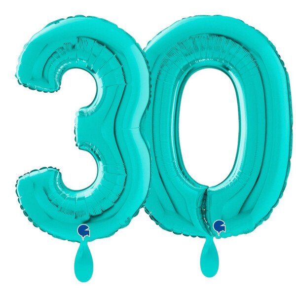 Ballongruß: Riesenzahl 30 - Türkis - 75 cm