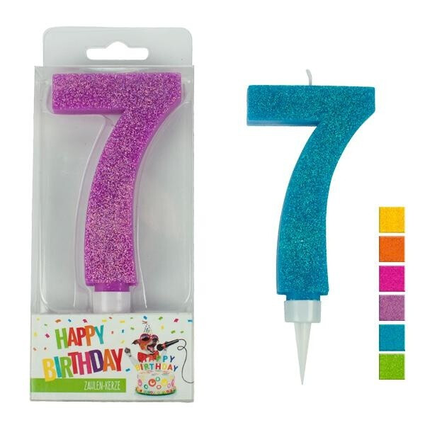 Zahlenkerze 7 - Glitter - Sortiert - 9 cm