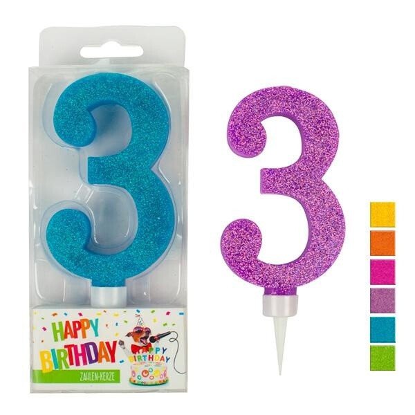 Zahlenkerze 3 - Glitter - Sortiert - 9 cm
